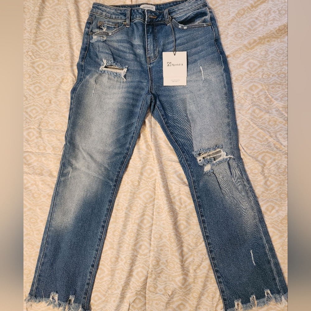 SPECIAL A Women's Distressed Mid-Blue Jeans